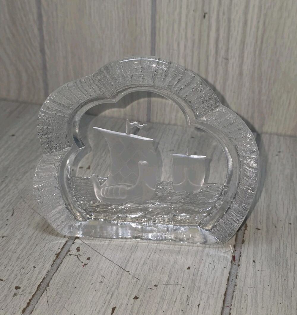 NYBRO Crystal Sweden Sailing Viking Ships Paperweight Signed Nautical Decor